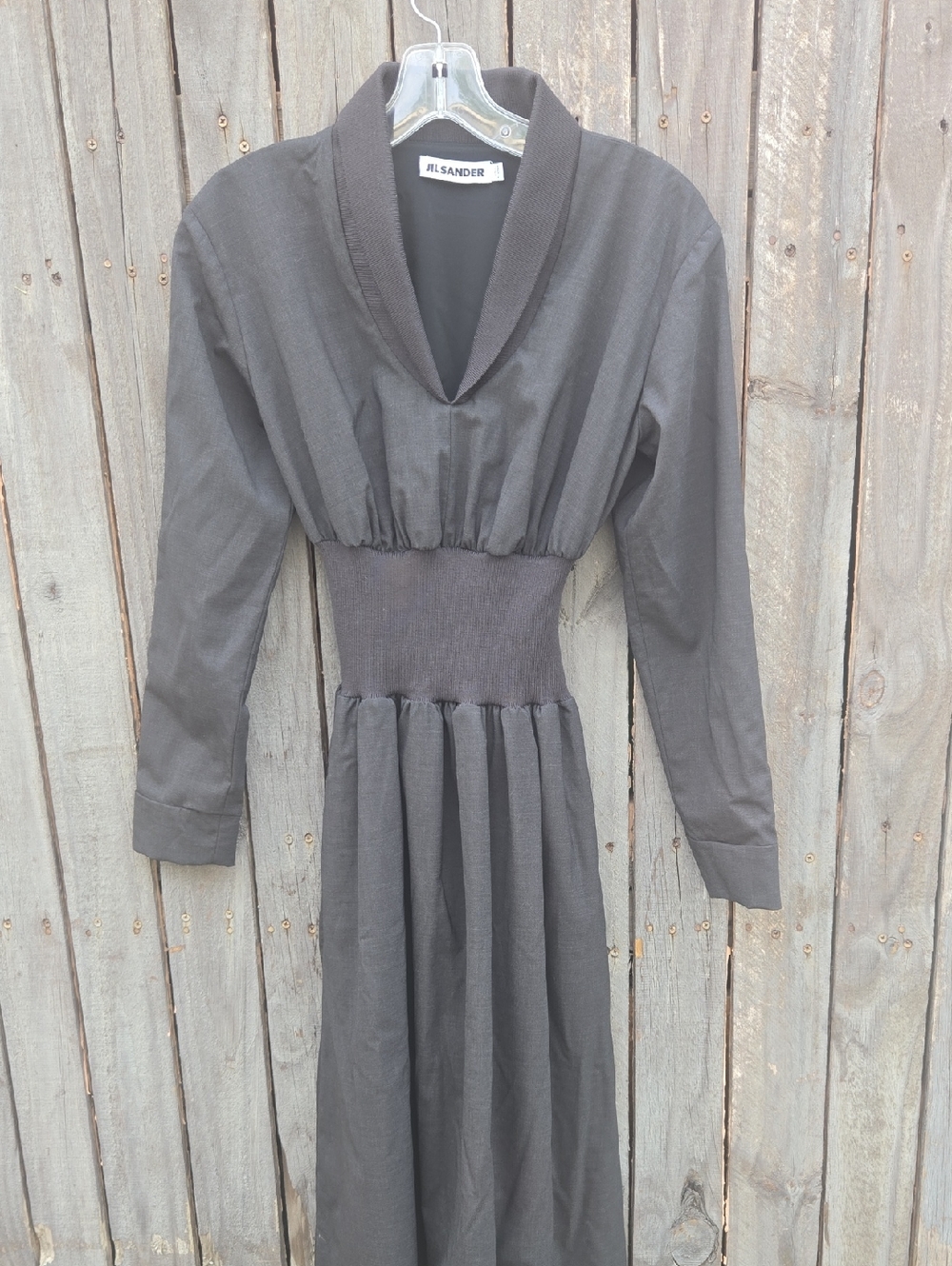 Jil Sander Black Midi Dress Long Sleeve Smocked Waist Minimalist Designer Women